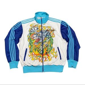 ED HARDY Christian Audigier Y2K Track Jacket Tiger Flame Embroidered Sz XXL